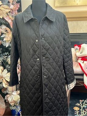 Burberry Black Quilted Long Coat with Nova Check Cuff Lining